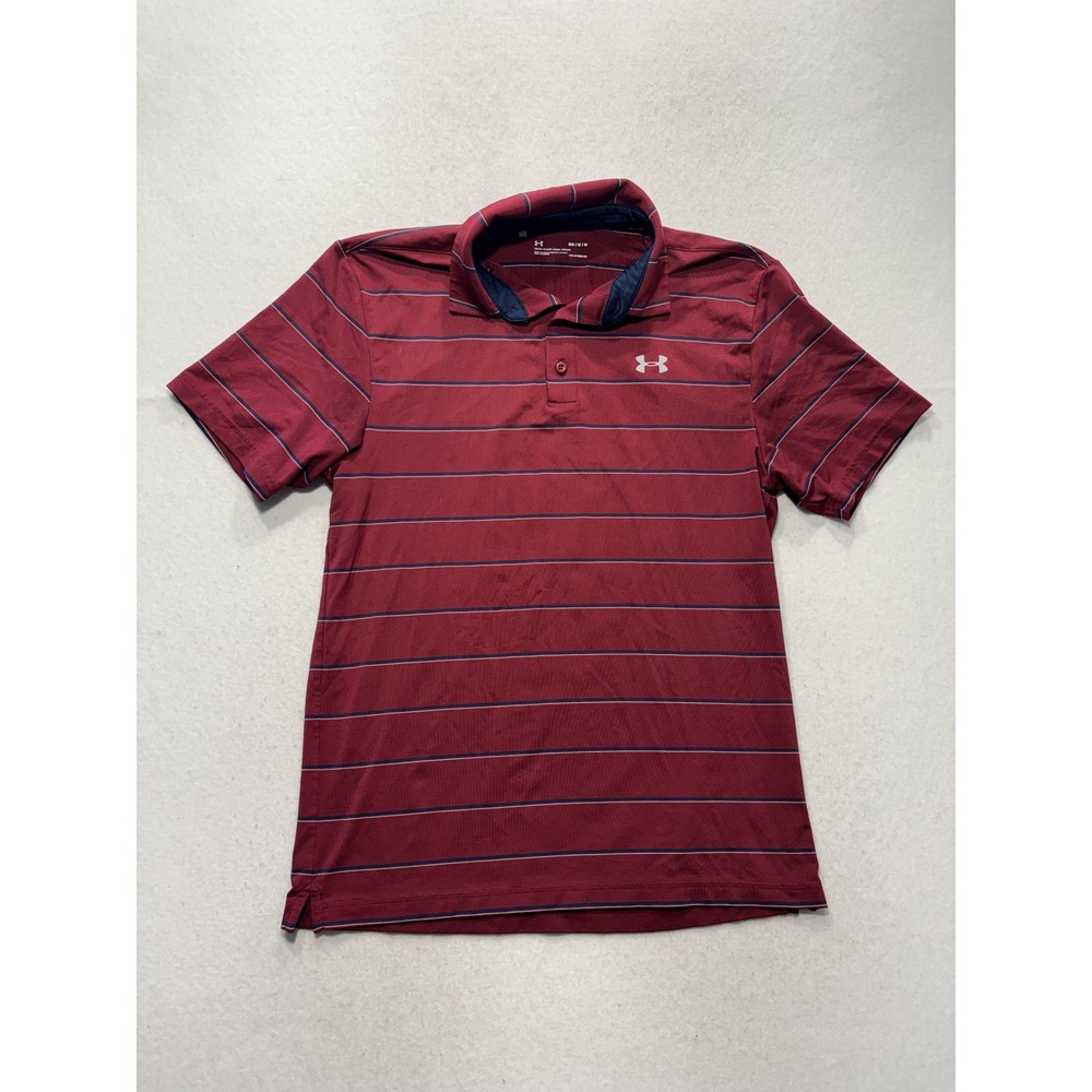 Under Armour HeatGear Polo Shirt Mens Medium Red Striped Loose Golf Short Sleeve